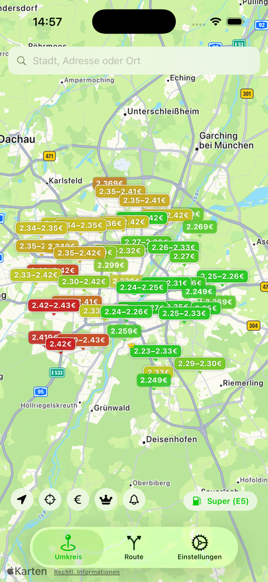 Map showing nearby stations and prices